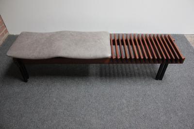 Italian Modernist Teak and Leather Bench by Inge and Luciano Rubino