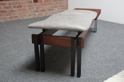 Italian Modernist Teak and Leather Bench by Inge and Luciano Rubino