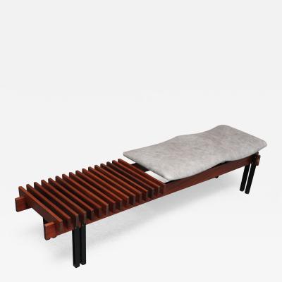 Italian Modernist Teak and Leather Bench by Inge and Luciano Rubino