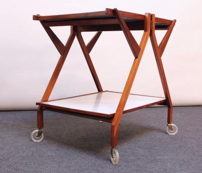 Italian Modernist Two Tier Walnut Bar Cart Trolley on Casters