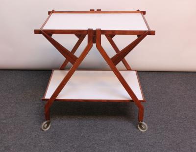 Italian Modernist Two Tier Walnut Bar Cart Trolley on Casters
