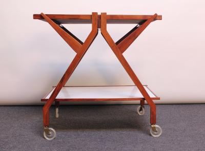 Italian Modernist Two Tier Walnut Bar Cart Trolley on Casters