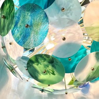 Italian Monumental Blue Green White Murano Glass Round Brass Sputnik Chandelier