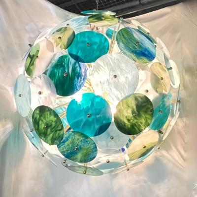 Italian Monumental Blue Green White Murano Glass Round Brass Sputnik Chandelier