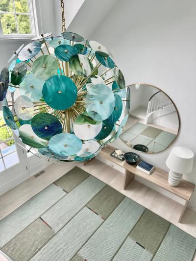 Italian Monumental Blue Green White Murano Glass Round Brass Sputnik Chandelier