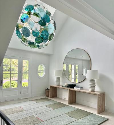 Italian Monumental Blue Green White Murano Glass Round Brass Sputnik Chandelier