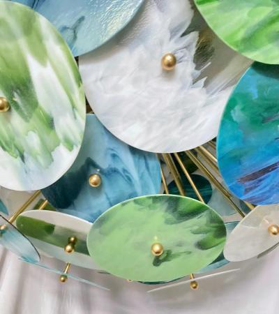 Italian Monumental Blue Green White Murano Glass Round Brass Sputnik Chandelier