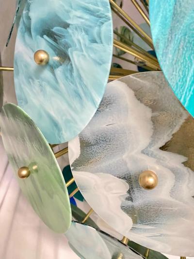 Italian Monumental Blue Green White Murano Glass Round Brass Sputnik Chandelier