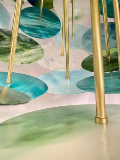 Italian Monumental Blue Green White Murano Glass Round Brass Sputnik Chandelier