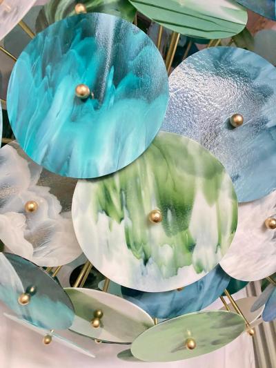 Italian Monumental Blue Green White Murano Glass Round Brass Sputnik Chandelier