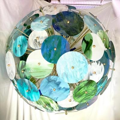 Italian Monumental Blue Green White Murano Glass Round Brass Sputnik Chandelier