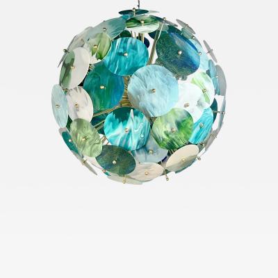 Italian Monumental Blue Green White Murano Glass Round Brass Sputnik Chandelier