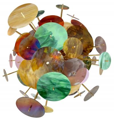 Italian Monumental Gold Pink Green Murano Glass Oval Bronze Sputnik Chandelier