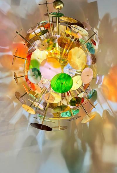 Italian Monumental Gold Pink Green Murano Glass Oval Bronze Sputnik Chandelier