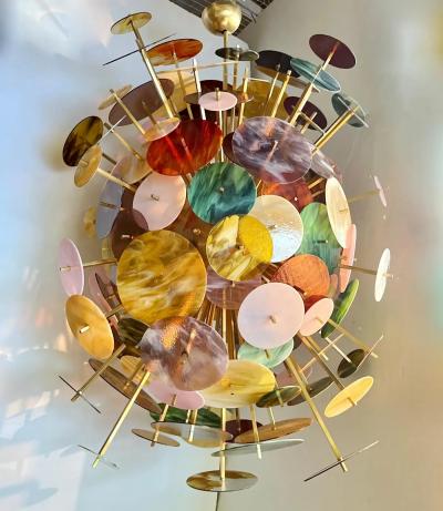 Italian Monumental Gold Pink Green Murano Glass Oval Bronze Sputnik Chandelier