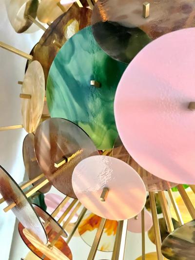 Italian Monumental Gold Pink Green Murano Glass Oval Bronze Sputnik Chandelier