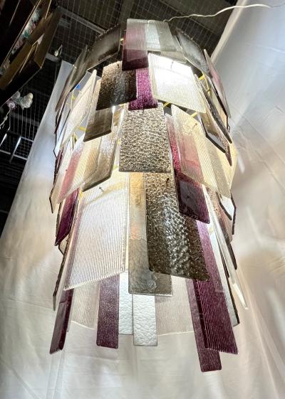 Italian Monumental Purple Gold Silver Smoked Murano Glass Brass Chandelier