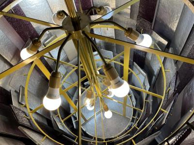 Italian Monumental Purple Gold Silver Smoked Murano Glass Brass Chandelier