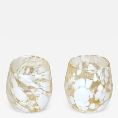 Italian Mottled Murano Glass Modern Pair of Drinking Glasses with White Murrine