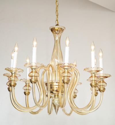 Italian Murano Glass and Brass 1950s Ten Arm Chandelier