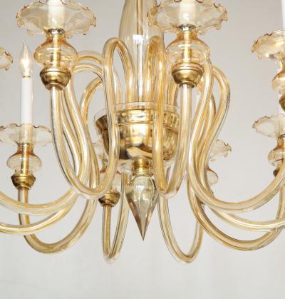Italian Murano Glass and Brass 1950s Ten Arm Chandelier