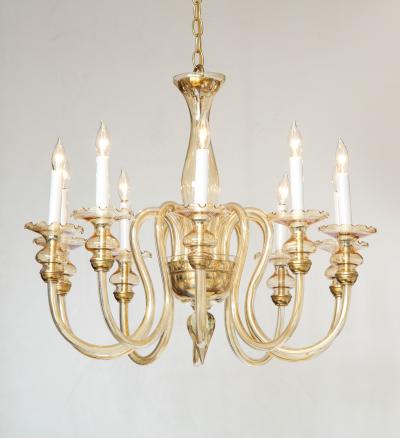 Italian Murano Glass and Brass 1950s Ten Arm Chandelier