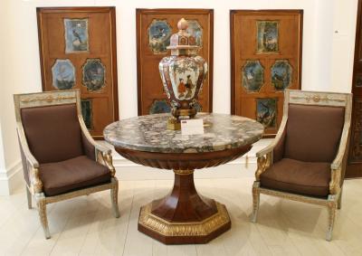 Italian Neapolitan Neo Classic Walnut Center Table with Marble Top