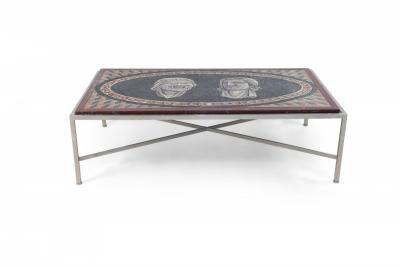 Italian Neo Classic Mosaic Roman Face Design and Chrome Base Coffee Table