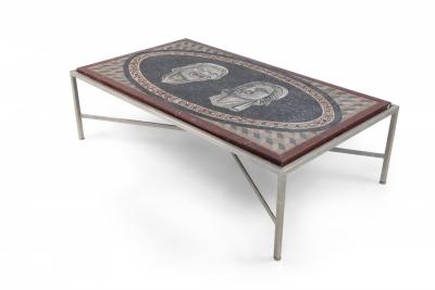 Italian Neo Classic Mosaic Roman Face Design and Chrome Base Coffee Table