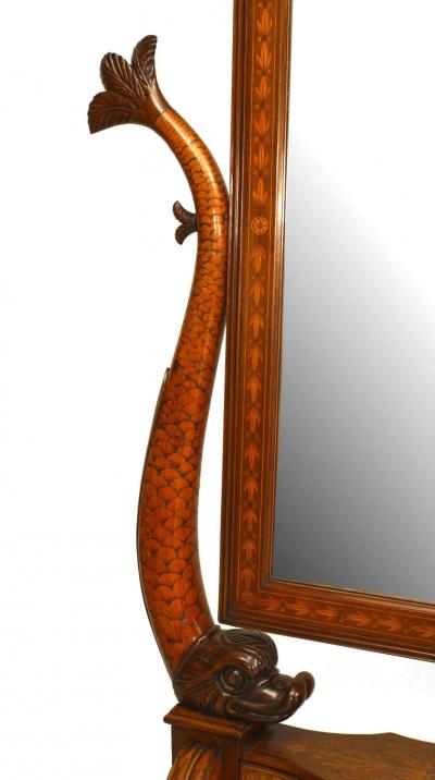 Italian Neoclassic Inlaid Walnut Dolphin Design Cheval Mirror