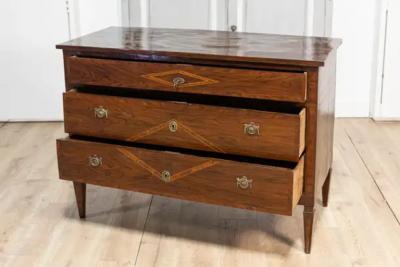 Italian Neoclassical 18th Century Walnut Mahogany and Ash Three Drawer Chest