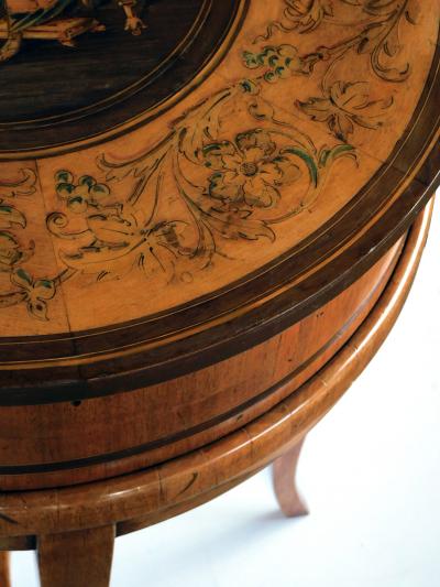 Italian Neoclassical Fruitwood Inlaid Cylindrical Sewing Box on Stand