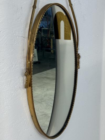 Italian Neoclassical Oval Mirror with Brass Ribbon and Tassel Detailing 1950s