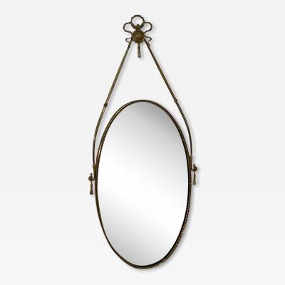 Italian Neoclassical Oval Mirror with Brass Ribbon and Tassel Detailing 1950s
