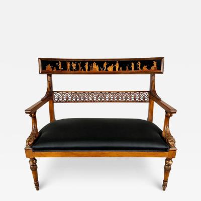 Italian Neoclassical Style Settee with Carved Wood and Black Upholstery