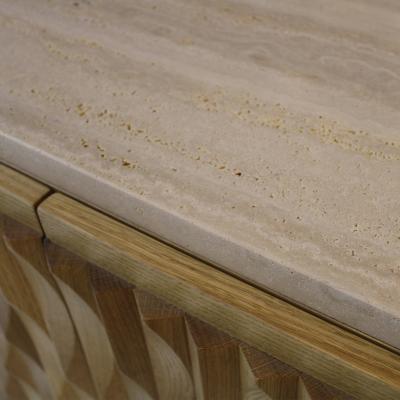 Italian Oak Wood Sideboard with Hand Carved Patterns and Travertine Marble Top