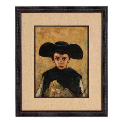 Italian Oil Painting Portrait of Young Boy With Hat