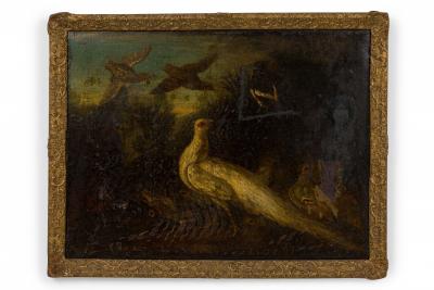 Italian Oil Painting of a White Peacock and Other Birds in a Giltwood Frame