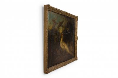 Italian Oil Painting of a White Peacock and Other Birds in a Giltwood Frame