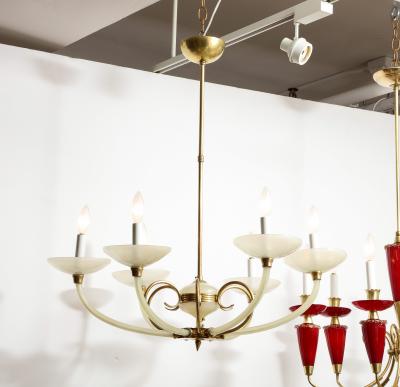 Italian Opaline Glass and Brass Six Arm Chandelier Italy circa 1950