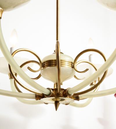 Italian Opaline Glass and Brass Six Arm Chandelier Italy circa 1950