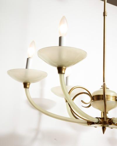 Italian Opaline Glass and Brass Six Arm Chandelier Italy circa 1950