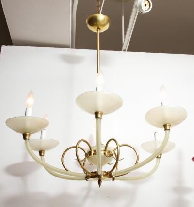Italian Opaline Glass and Brass Six Arm Chandelier Italy circa 1950