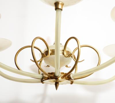 Italian Opaline Glass and Brass Six Arm Chandelier Italy circa 1950