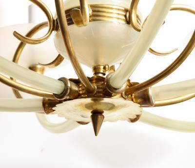 Italian Opaline Glass and Brass Six Arm Chandelier Italy circa 1950