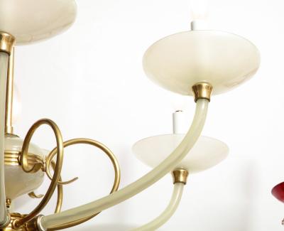 Italian Opaline Glass and Brass Six Arm Chandelier Italy circa 1950