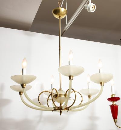 Italian Opaline Glass and Brass Six Arm Chandelier Italy circa 1950