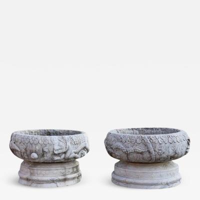 Italian Outdoor and Garden Pair of Vases in White Hand Carved Carrara Marble