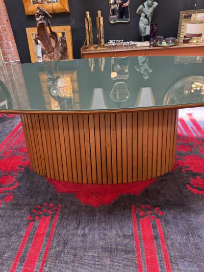 Italian Oval Dining Table with Fluted Wood Base 1970s