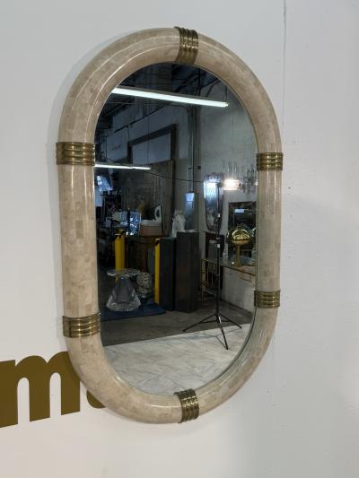 Italian Oval Mirror in Tessellated Stone with Brass Accents 1980s